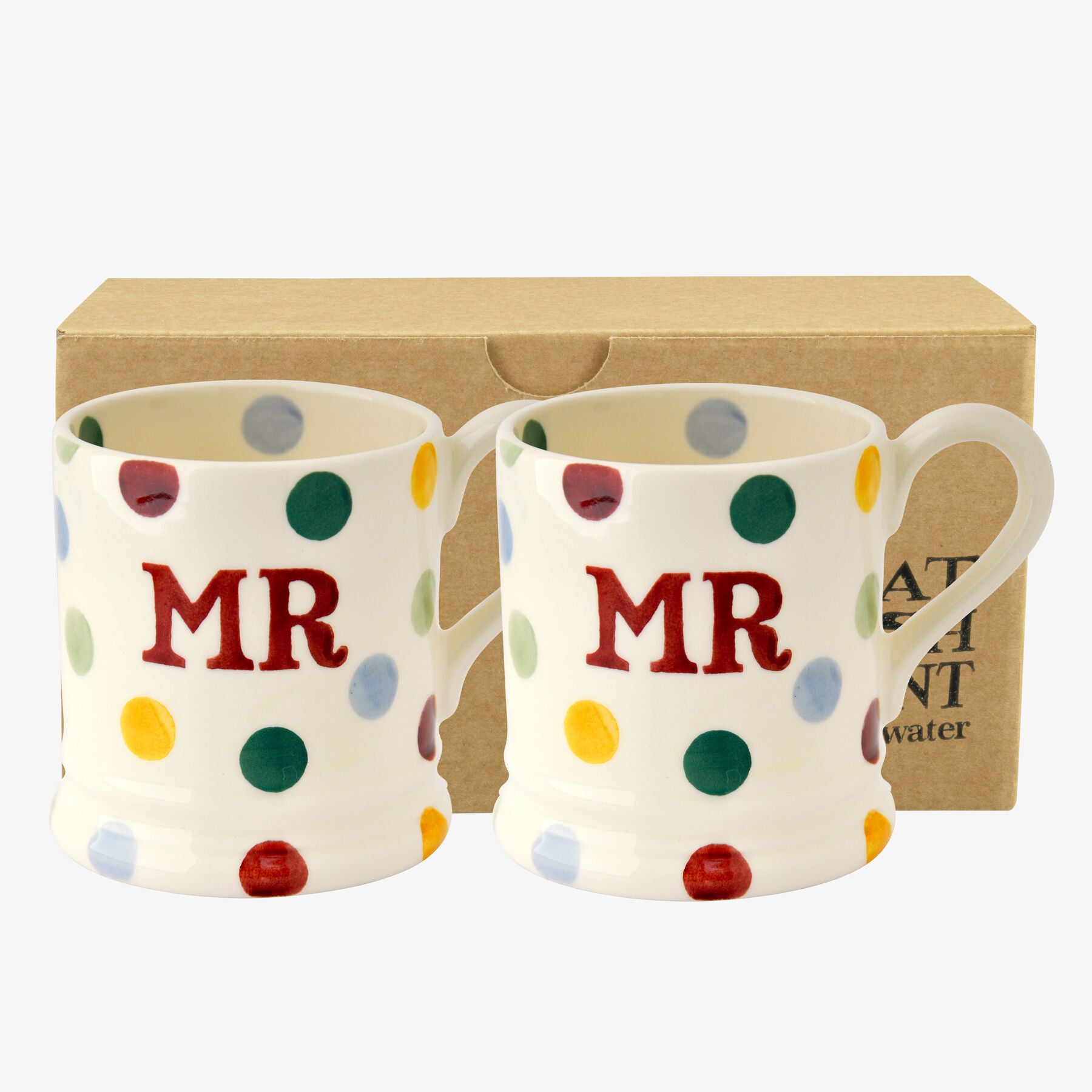 Polka Dot 'Mr & Mr' Set of 2 1/2 Pint Mugs Boxed - Unique Handmade & Handpainted English Earthenware