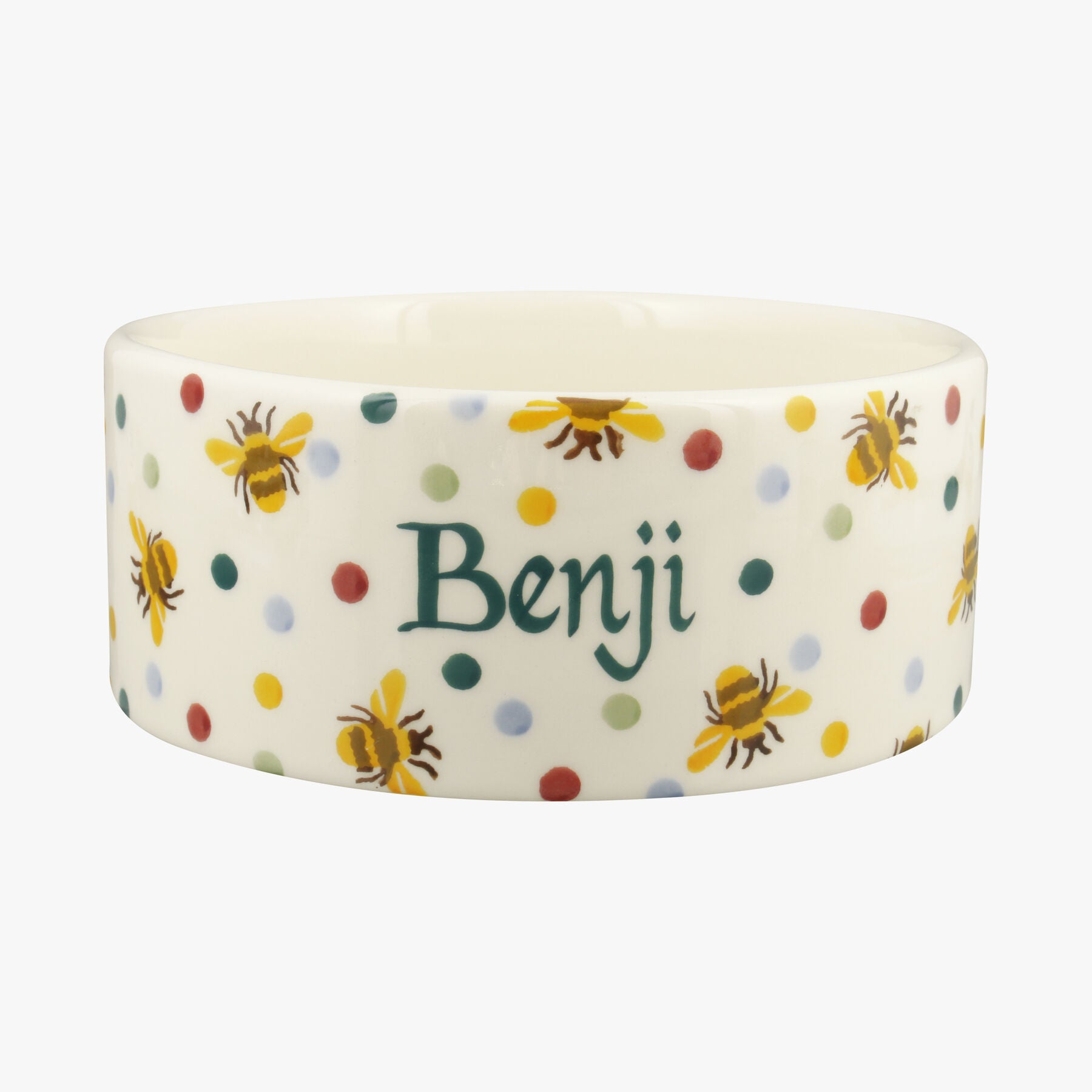 Personalised Bumblebee & Small Polka Dot Large Pet Bowl  - Customise Your Own Pottery Earthenware  |