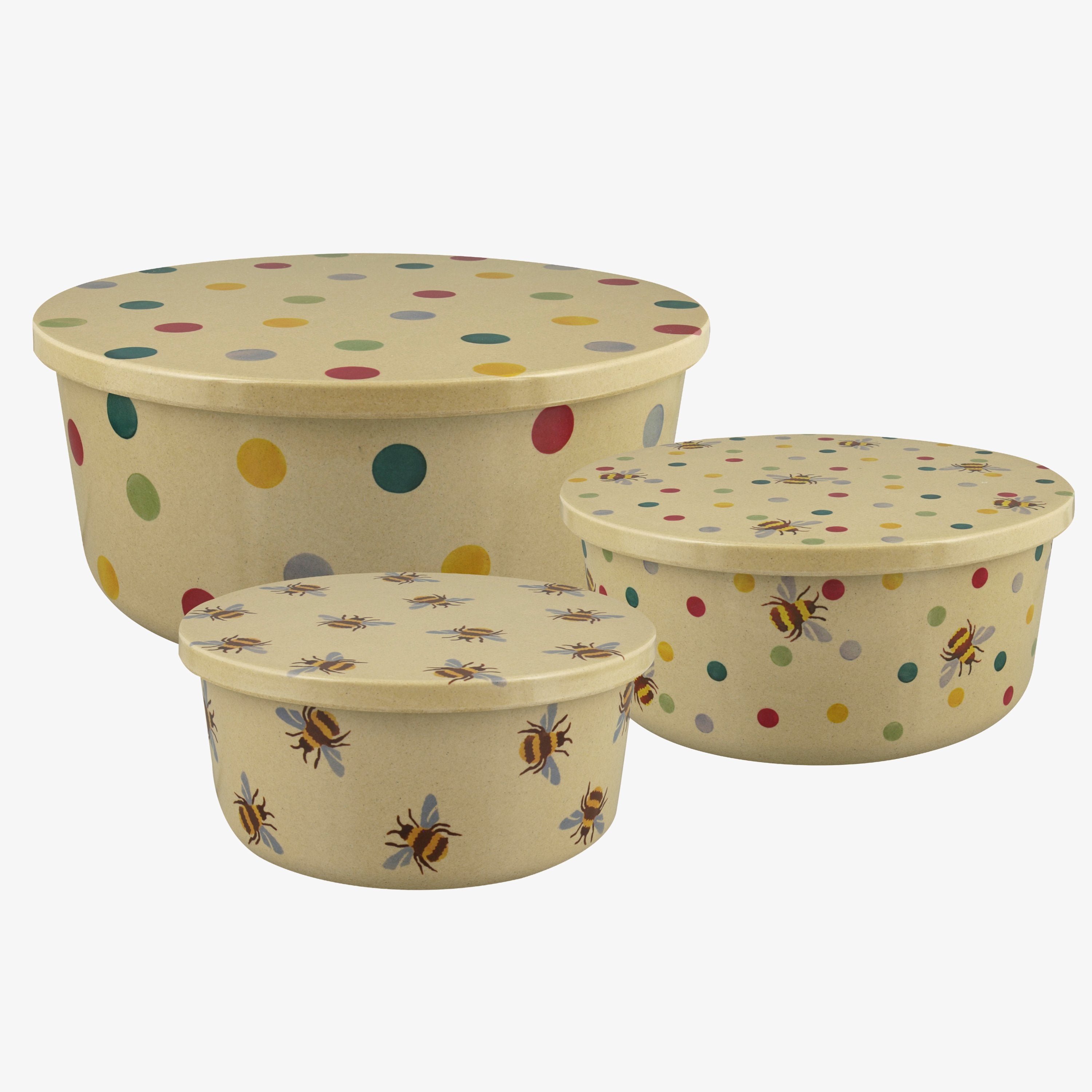 Polka Dot & Bee Set Of 3 Round Rice Husk Storage Tubs  | Emma Bridgewater