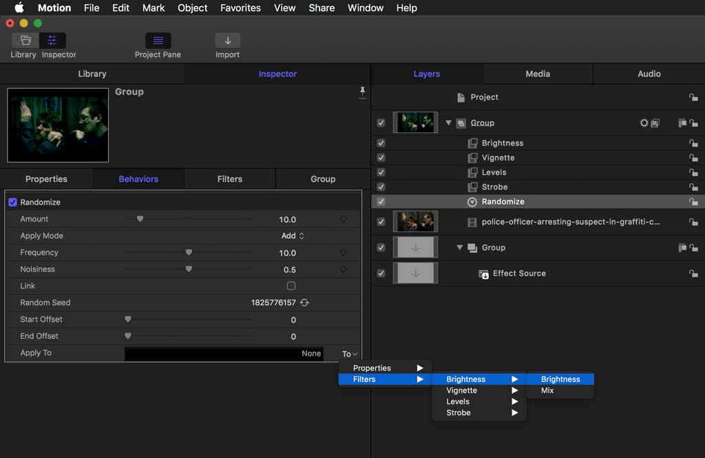 Assign randomise behaviour to brightness in Motion