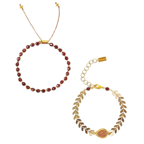 Chan Luu Garnet and Pink Moonstone Chevron Bracelet Set in Gold Tone