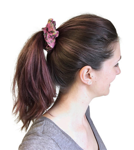 Model Wearing Chan Luu Painted Floral 2 in 1 Hair Scrunchie in Meadow Mauve in hair