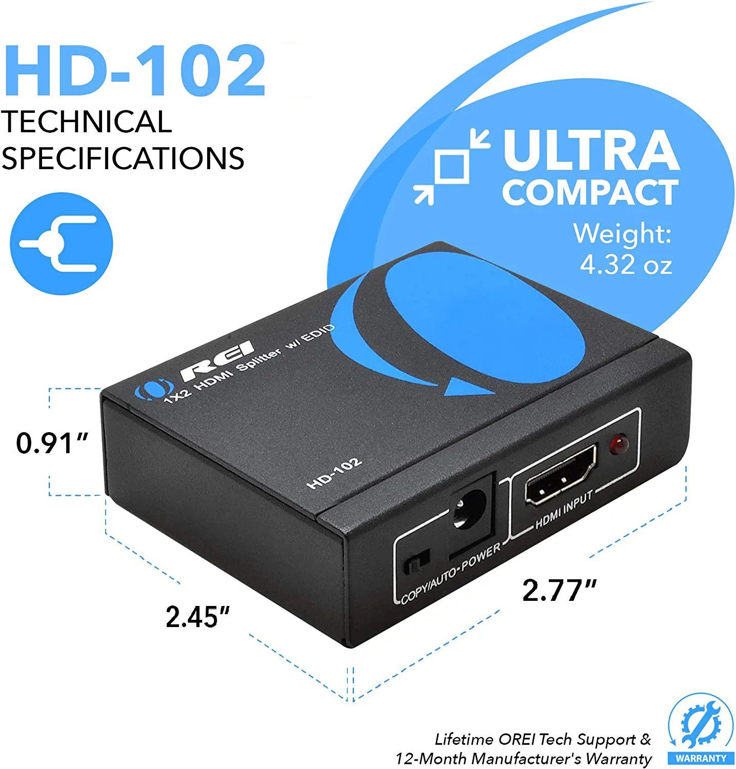 samle ligevægt kommentator 1x2 HDMI Splitter: 1-in 2-out, USB Powered, EDID, 3D Support (HD-102) | OREI