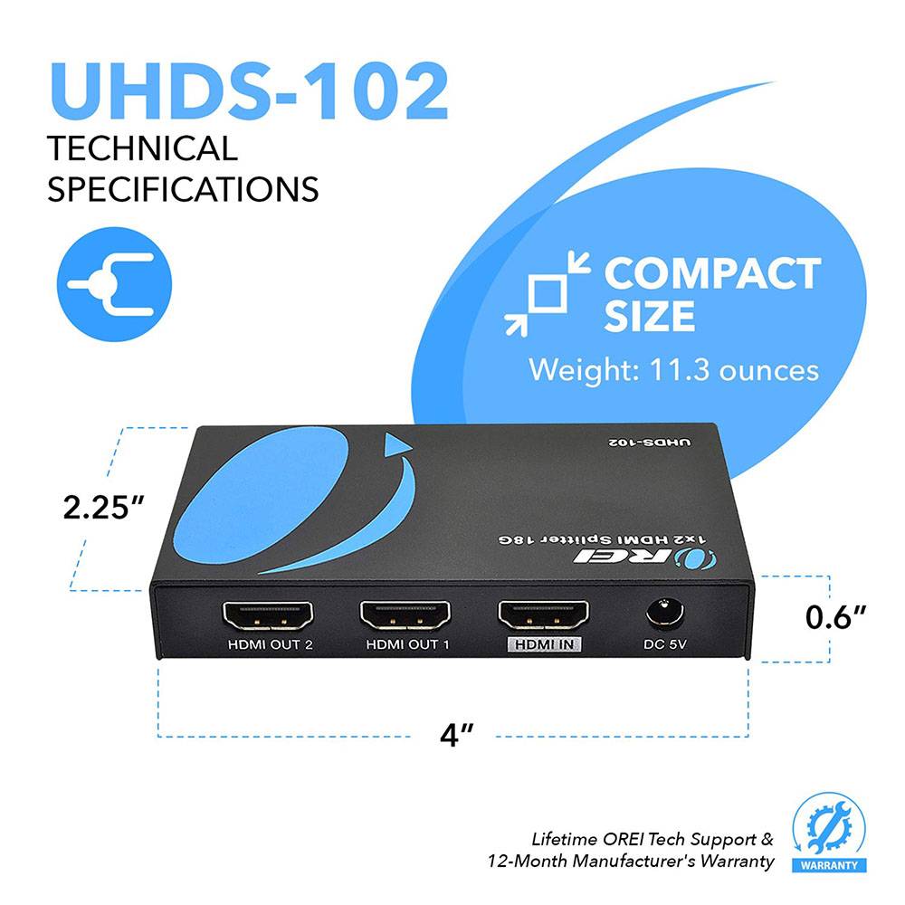 HDMI Splitter : 1-in 2-out, UltraHD 4K, EDID (UHDS-102) |