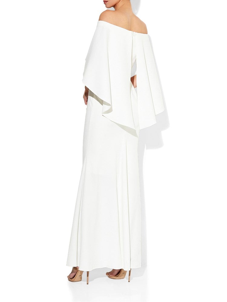 Ariella Stretch Crepe Gown | Montique | Ivory White Off-The-Shoulder Gown