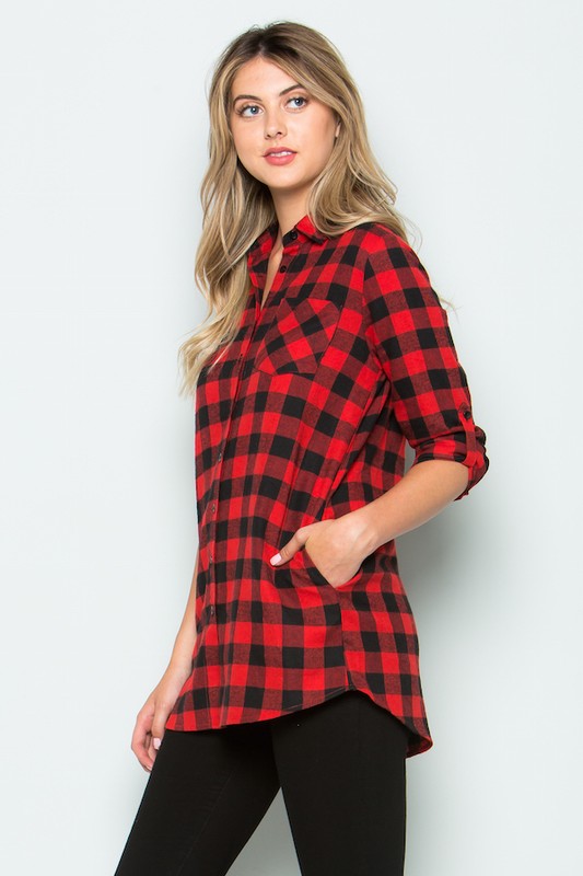 Red Buffalo Plaid Button Down Top With Side Pockets – L.E. Jolie