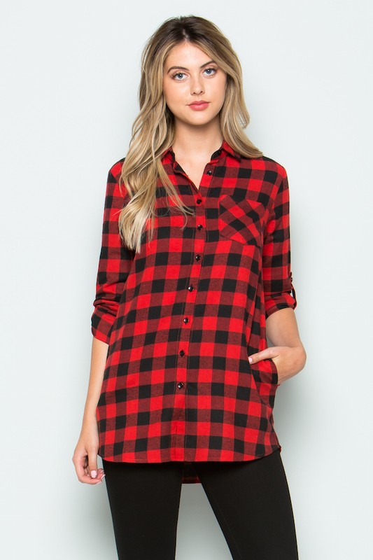 Red Buffalo Plaid Button Down Top With Side Pockets – L.E. Jolie
