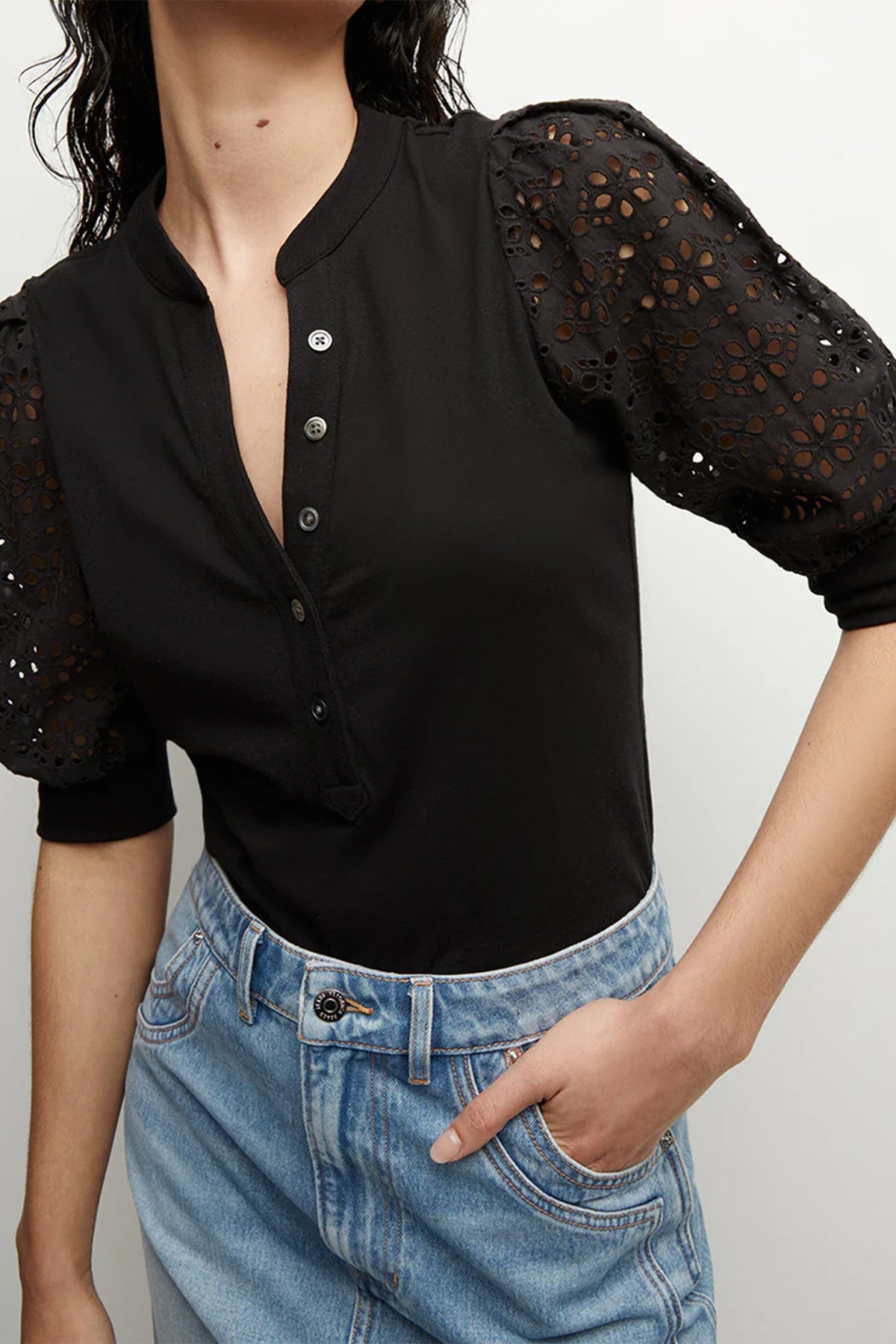 Coralee Eyelet Puff-Sleeve Tee in Black