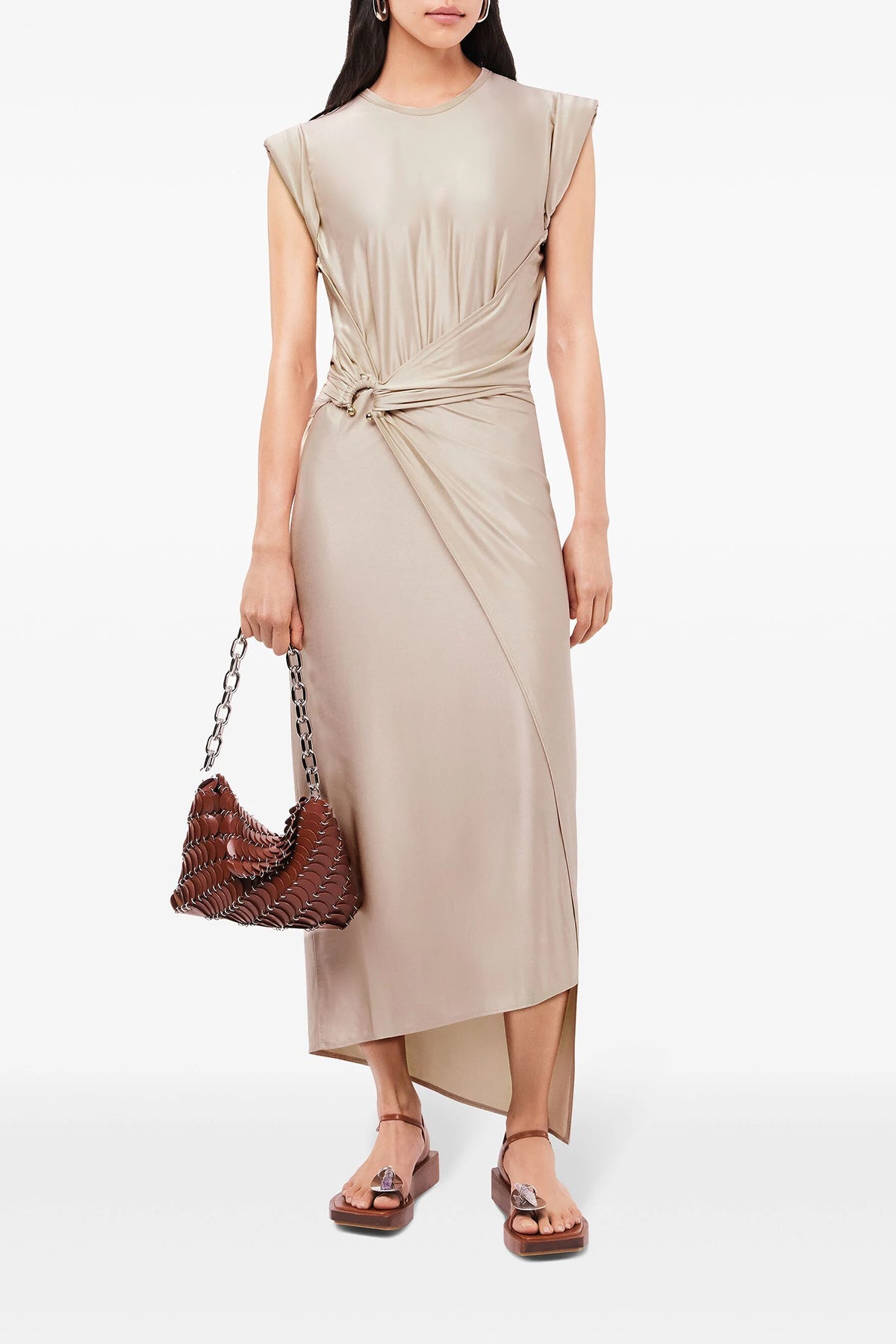 Gathered-Detail Draped Midi Dress in Nude