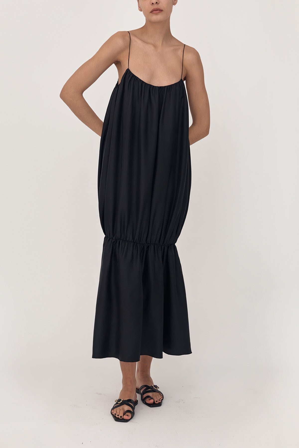 Gathered Strap Silk Dress in Black