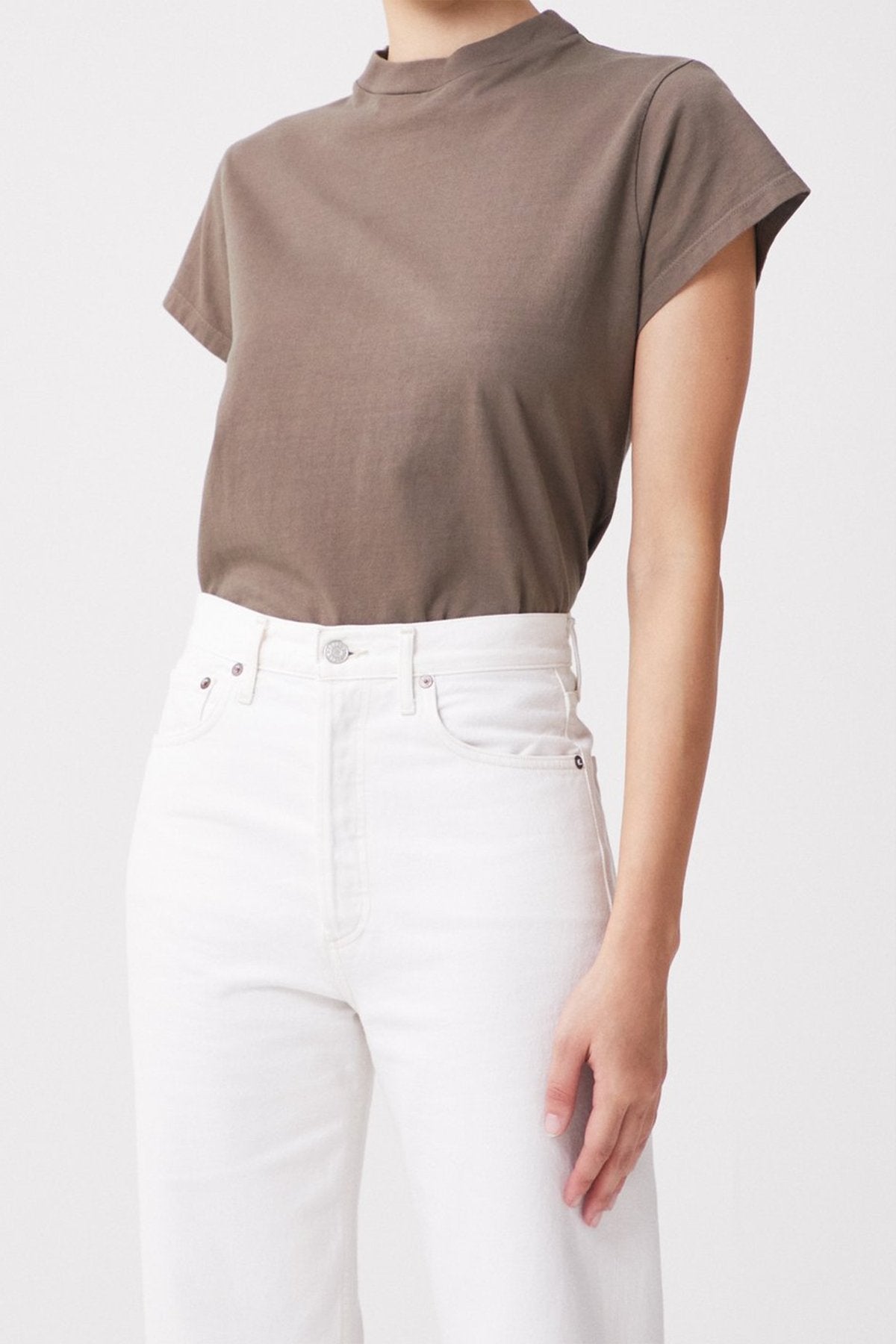 Anika Cap Sleeve Mock Neck Top in Chocolate Chip