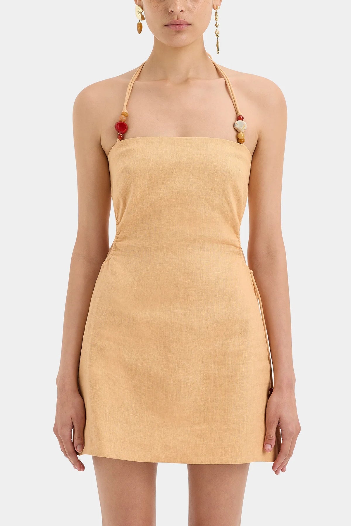 Antonia Beaded Mini Dress in Light Tan