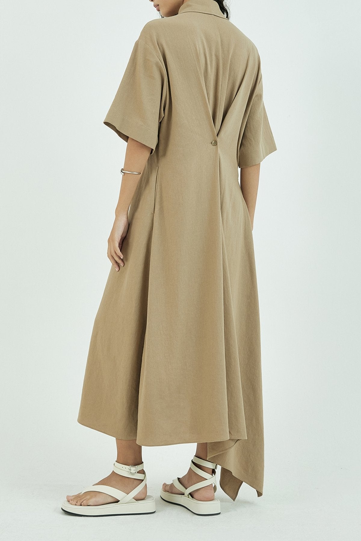 Asymmetric Hem Linen Cotton Shirt Dress in Beige