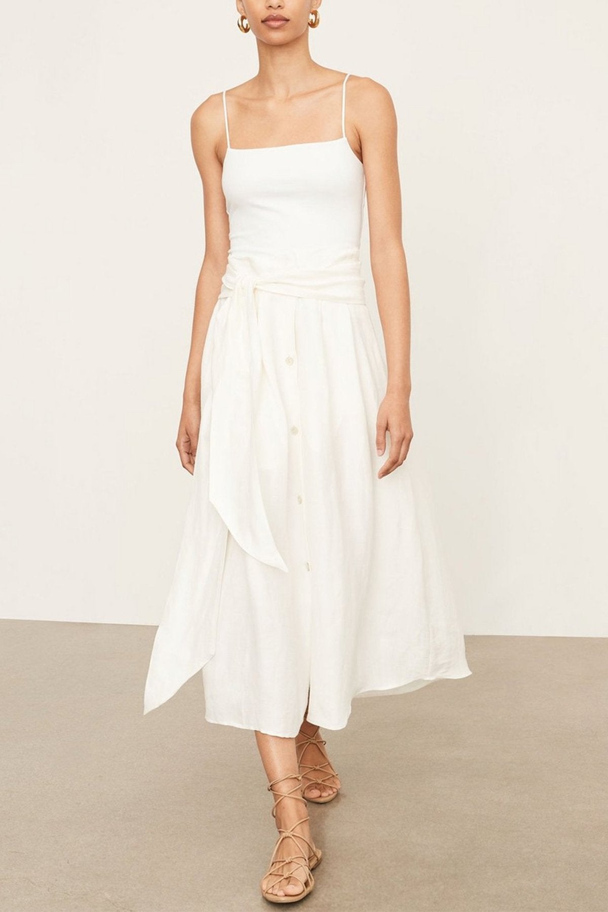 Belted Button Front Skirt in Off White