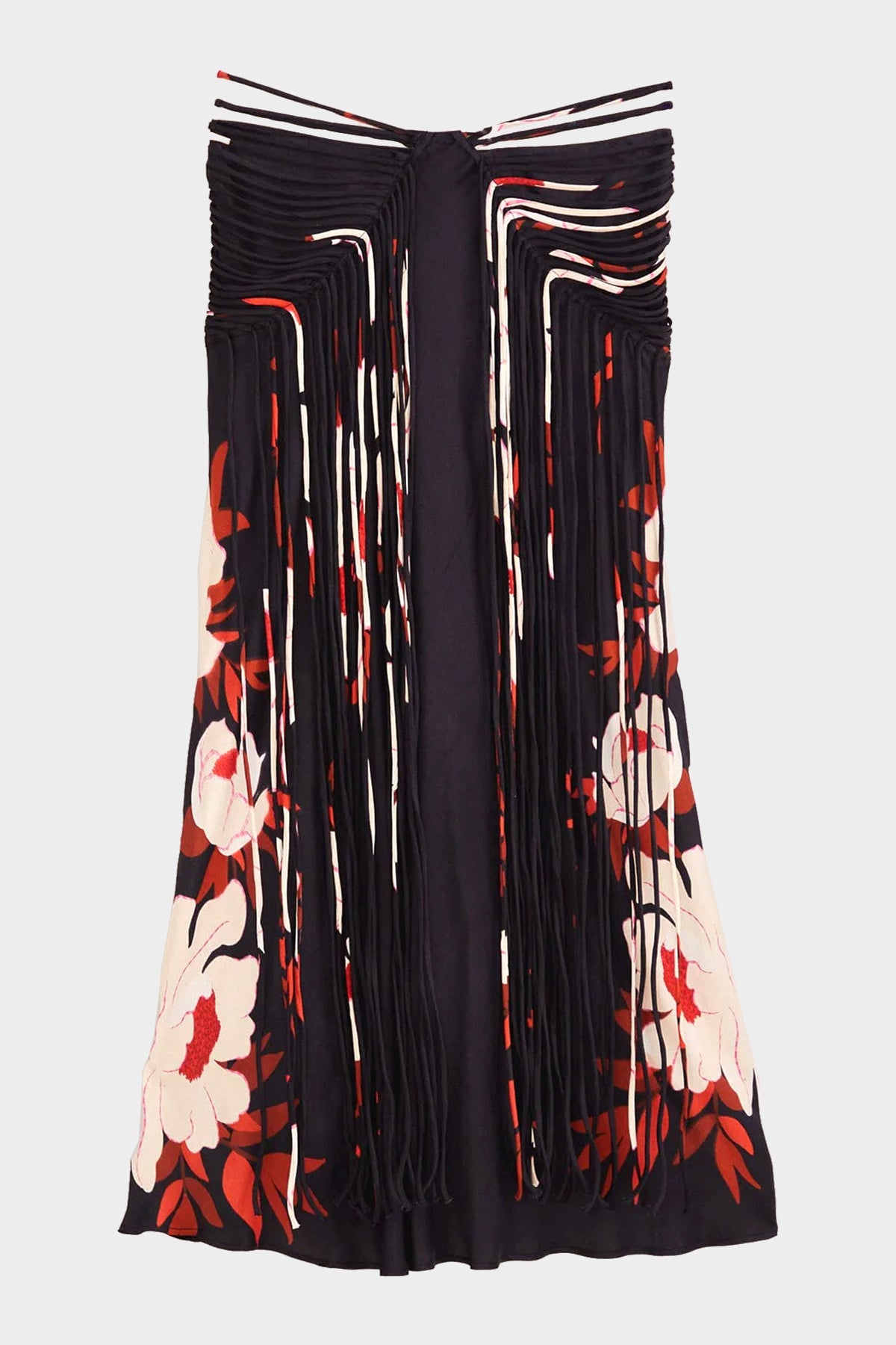 Black Peony Fringe Midi Skirt