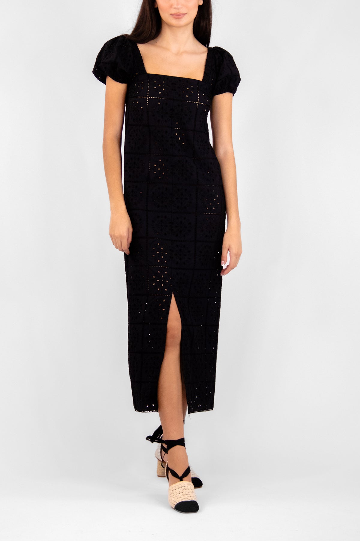 Broderie Anglaise Midi Dress in Black