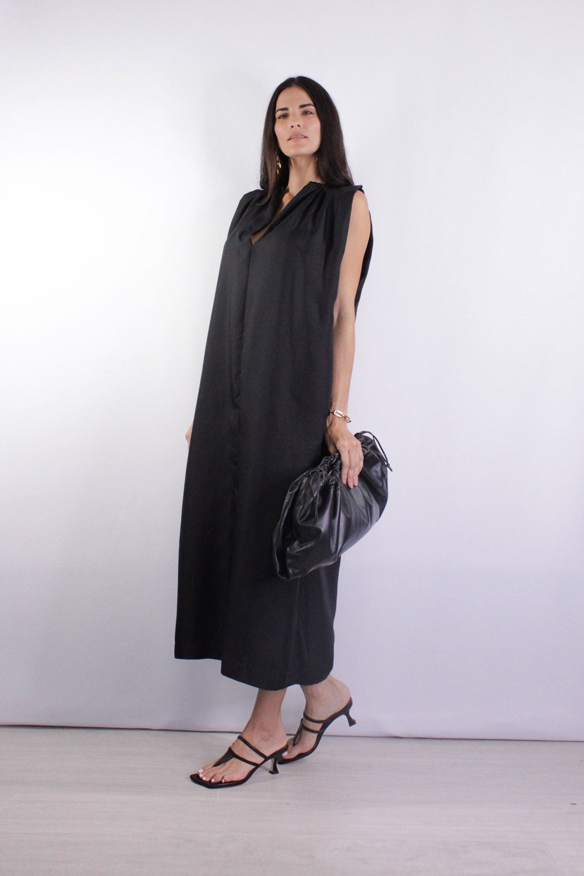 Gathered Split Neck Dress in Black