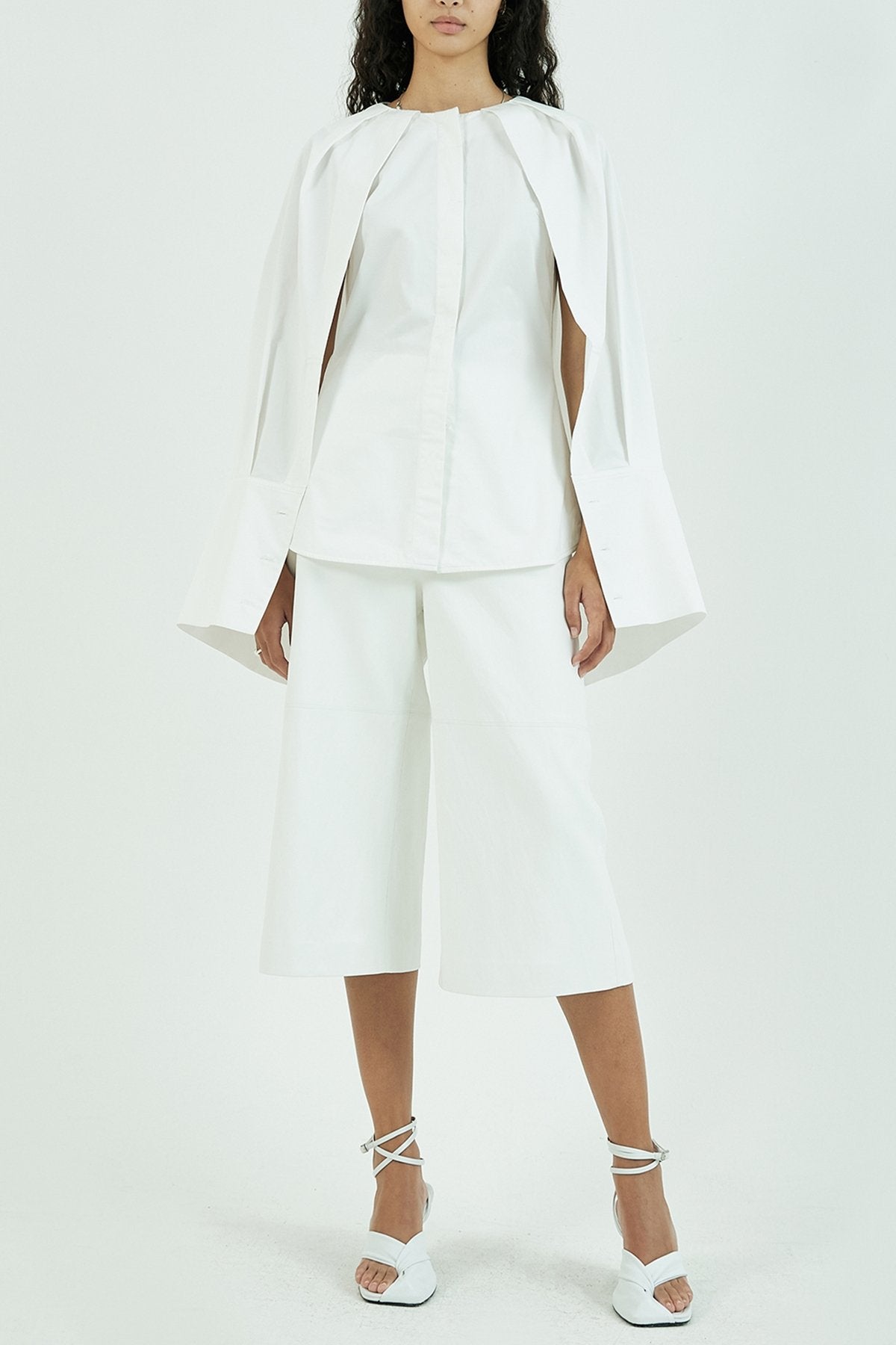 Cape Overlay Button Up Cotton Blouse in Ivory