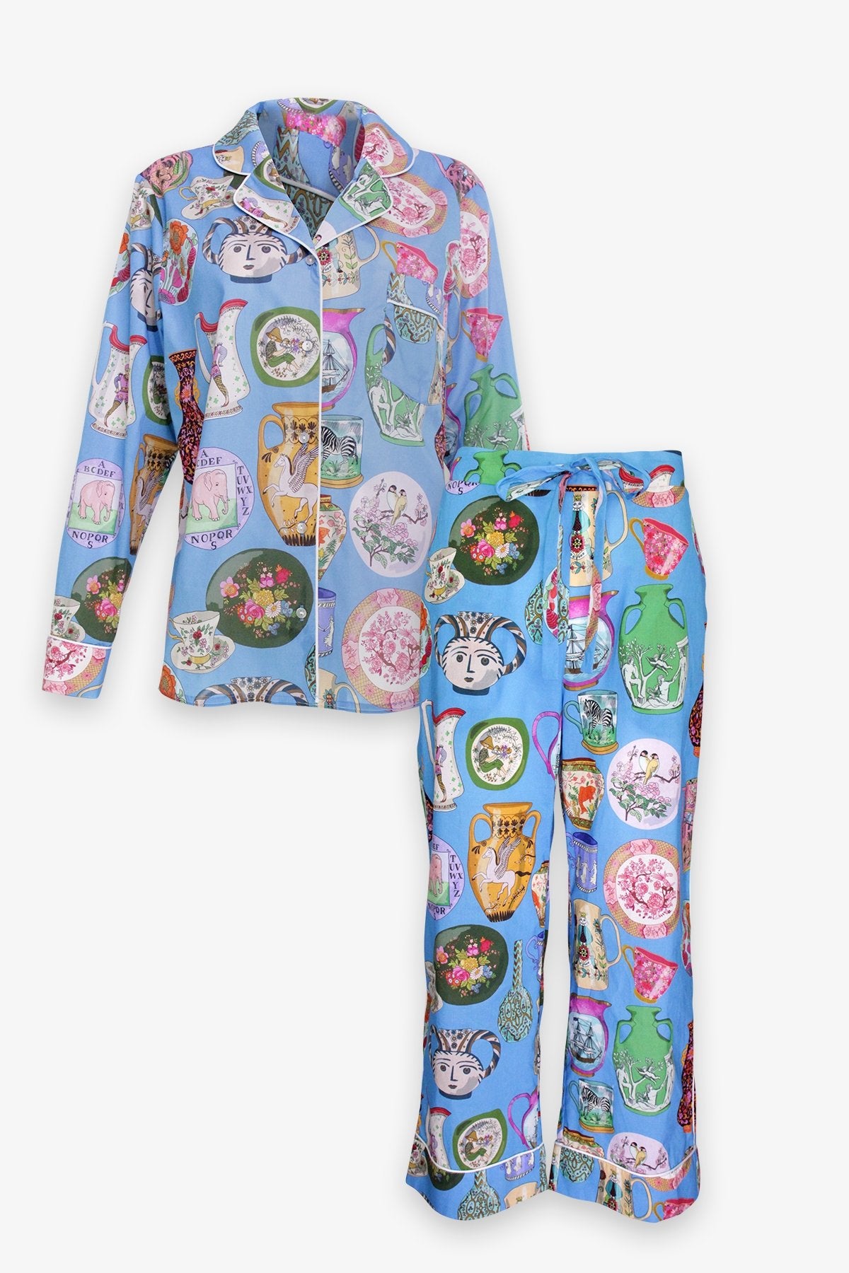 Ceramics Long Set with Wide Trouser PJ Set in Blue