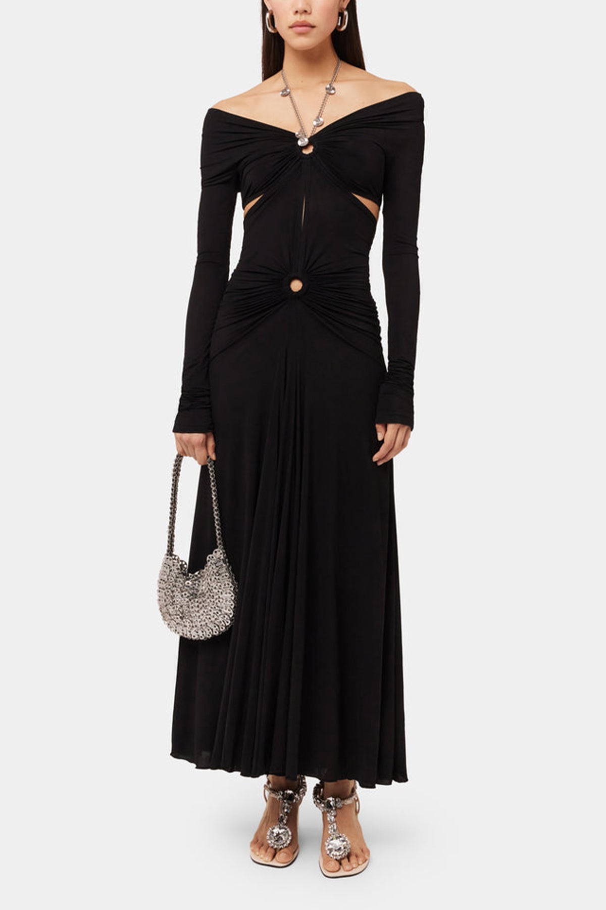 Chain-Detail Draped Long Dress in Black