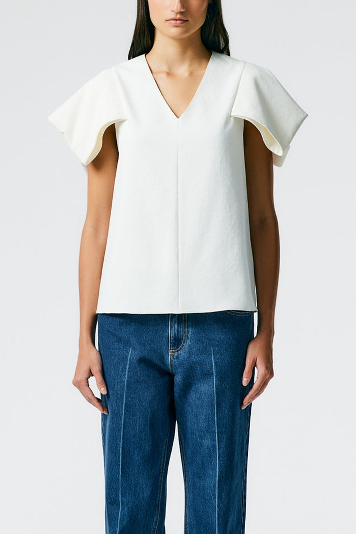 Chalky Drape V-Neck Top With Folded Sleeve in White