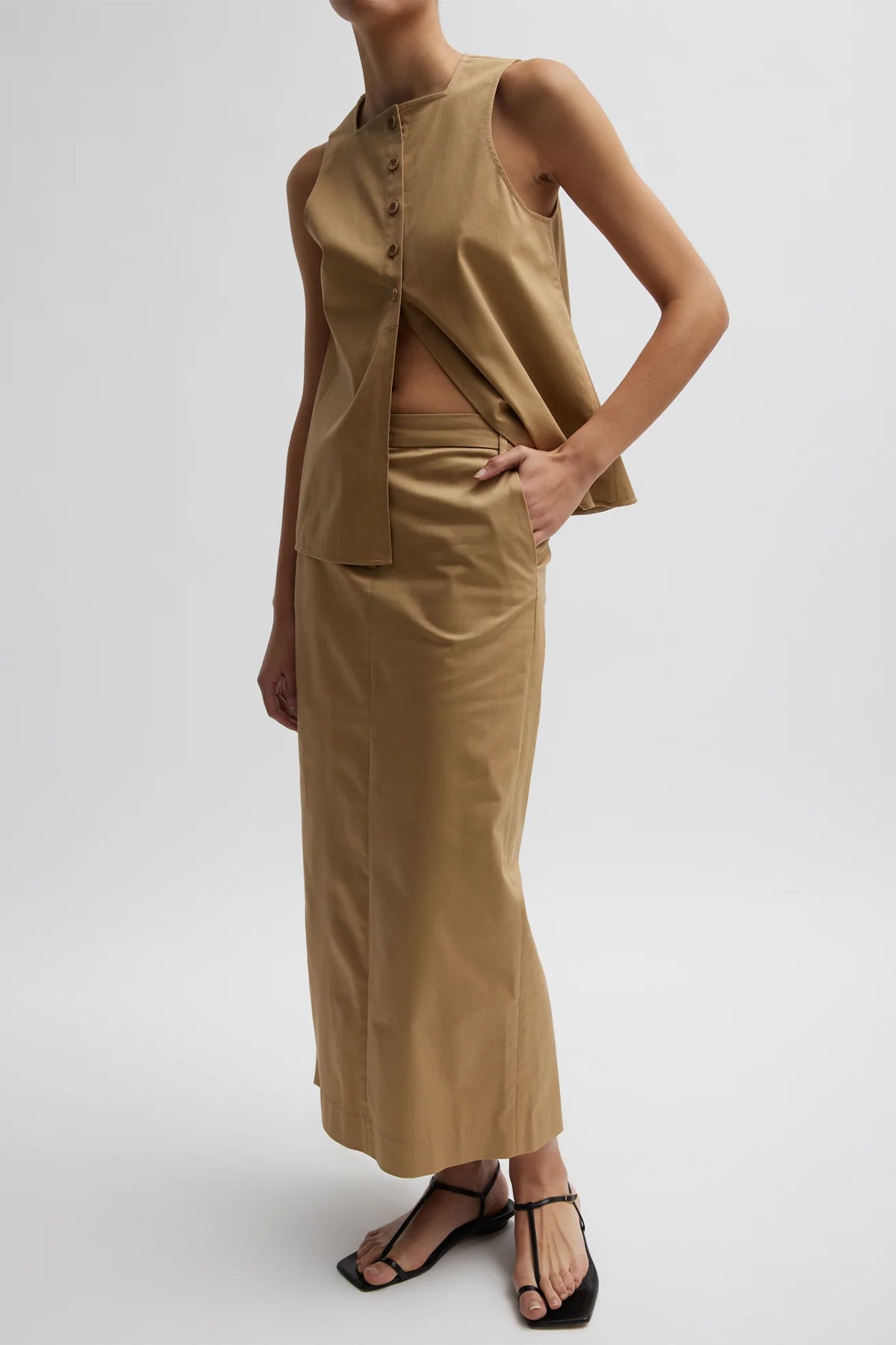 Chino Slit Front Sleeveless Top in Tan