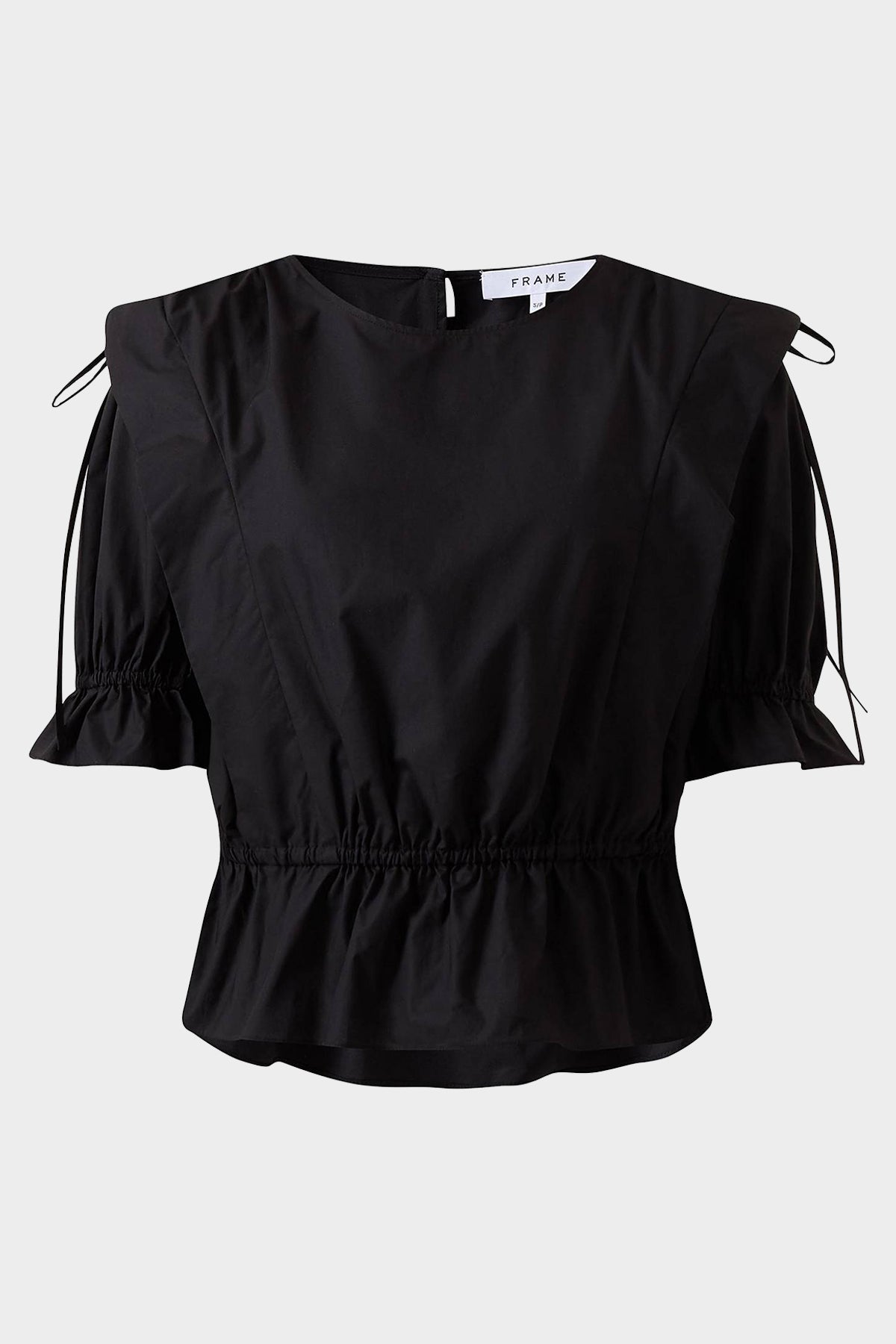 Cinched Short Sleeve Shoulder Tie Blouse in Noir