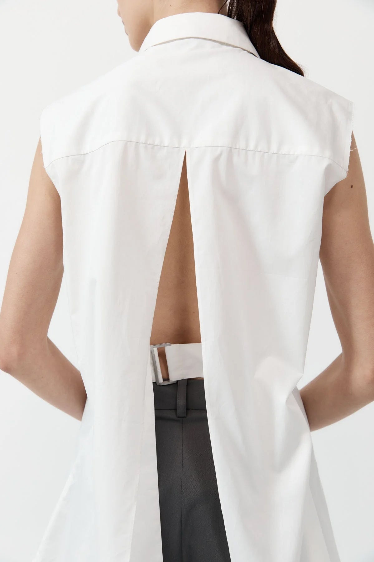 Cotton Belted Sleeveless Shirt in White