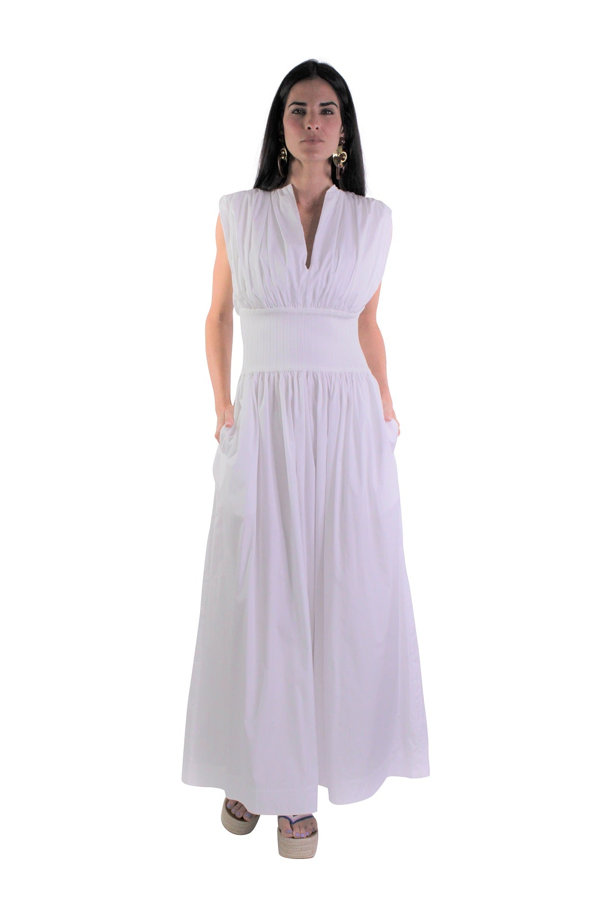 Cotton Rib Gathered Dress in Ivory