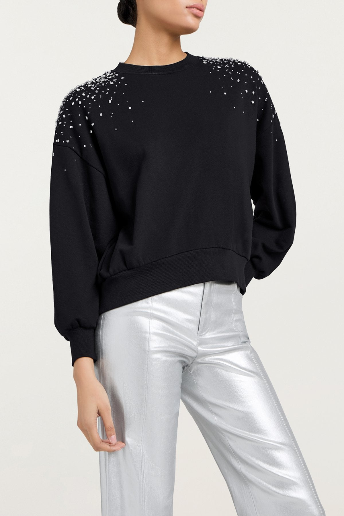 Crackle Rhinestone Embellished Brandy Pullover in Black