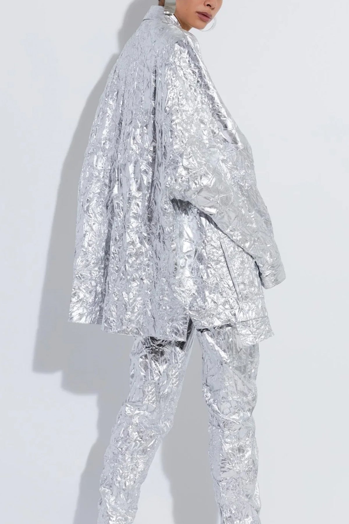 Crinkle Metallic Oversized Shirt in Silver