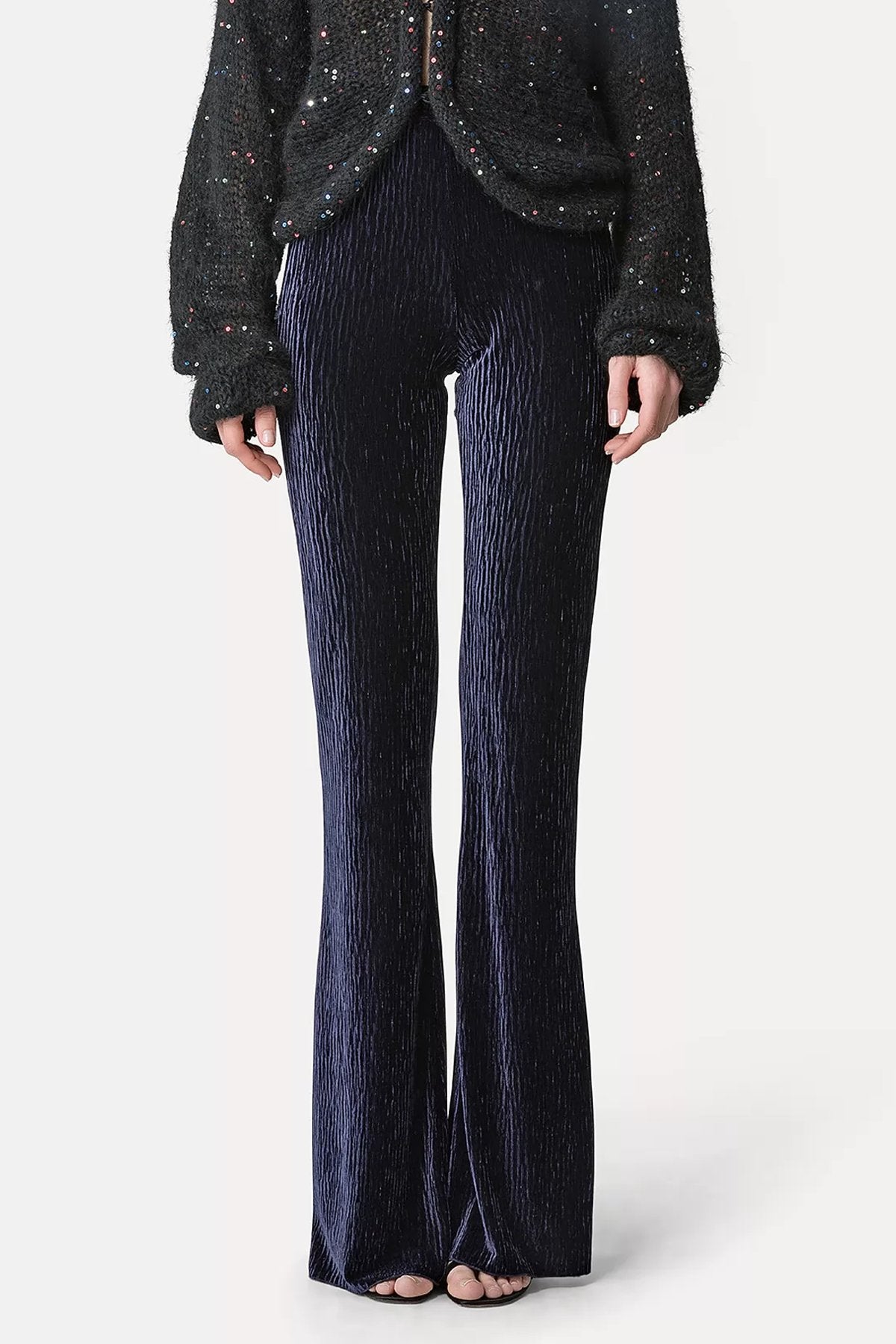 Crushed Velvet Flared Trousers in Night Fall