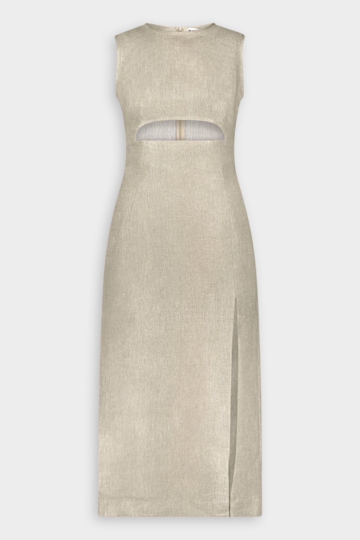 Cut-Out Crew Neck Midi Dress in Metallic Oatmeal