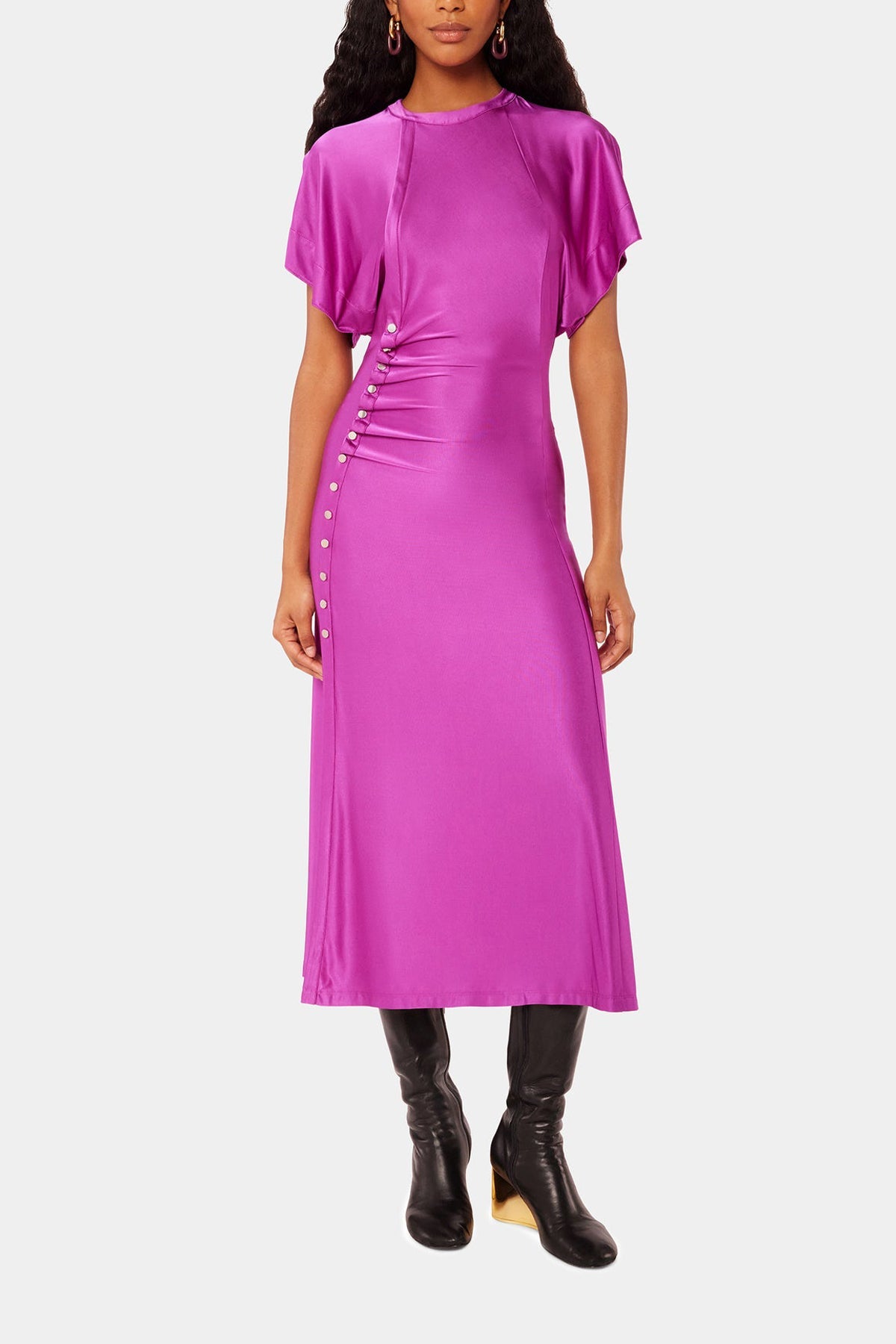 Draped Button Long Dress in Fuschia