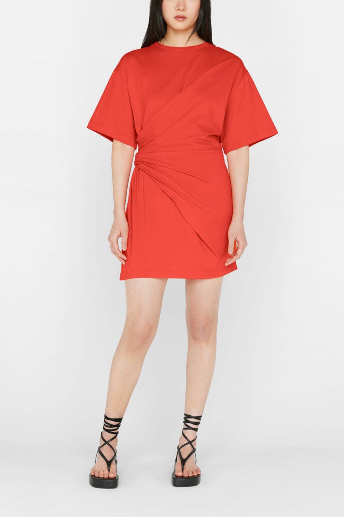 Draped Knit Mini Dress in Red Orange