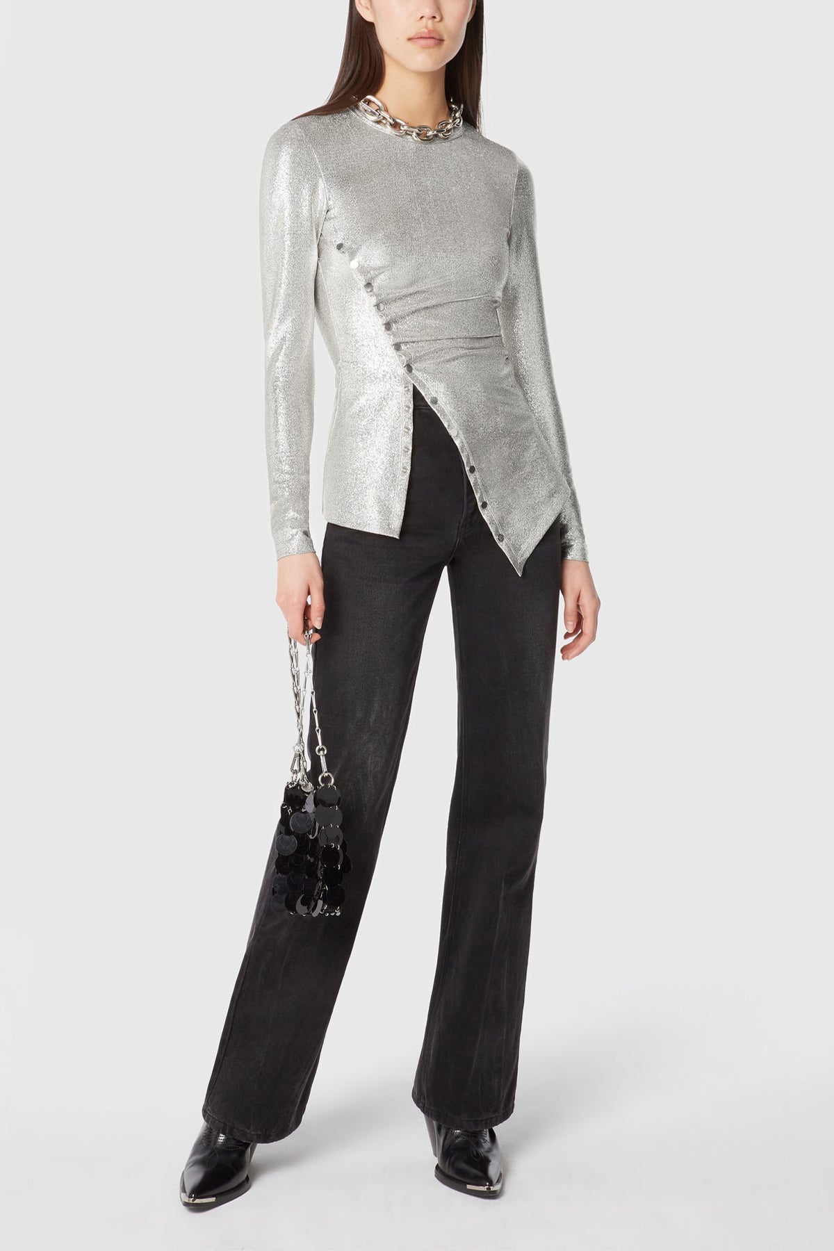 Draped Long Sleeve Button Top in Silver