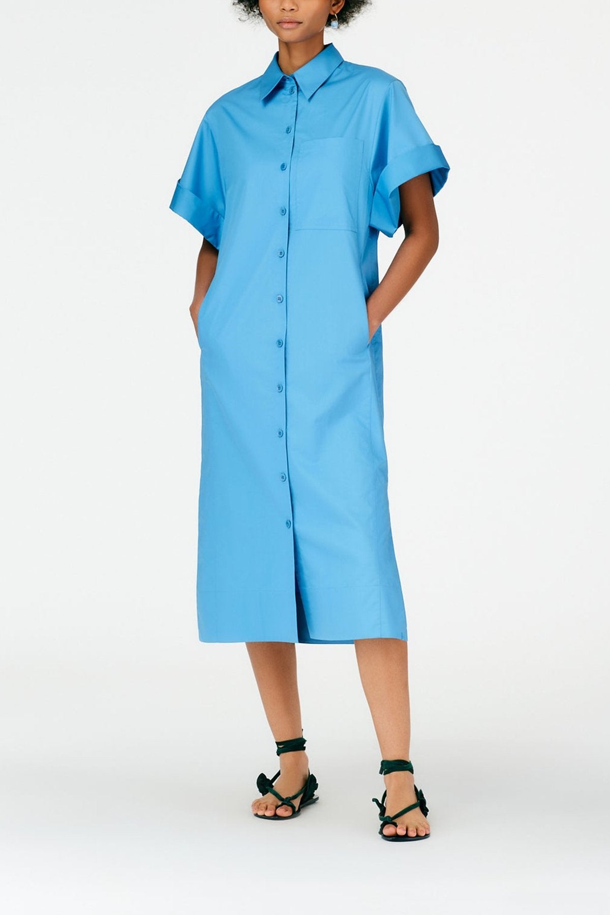 Eco Poplin Rolled Sleeve Shirtdress in Kairi Blue