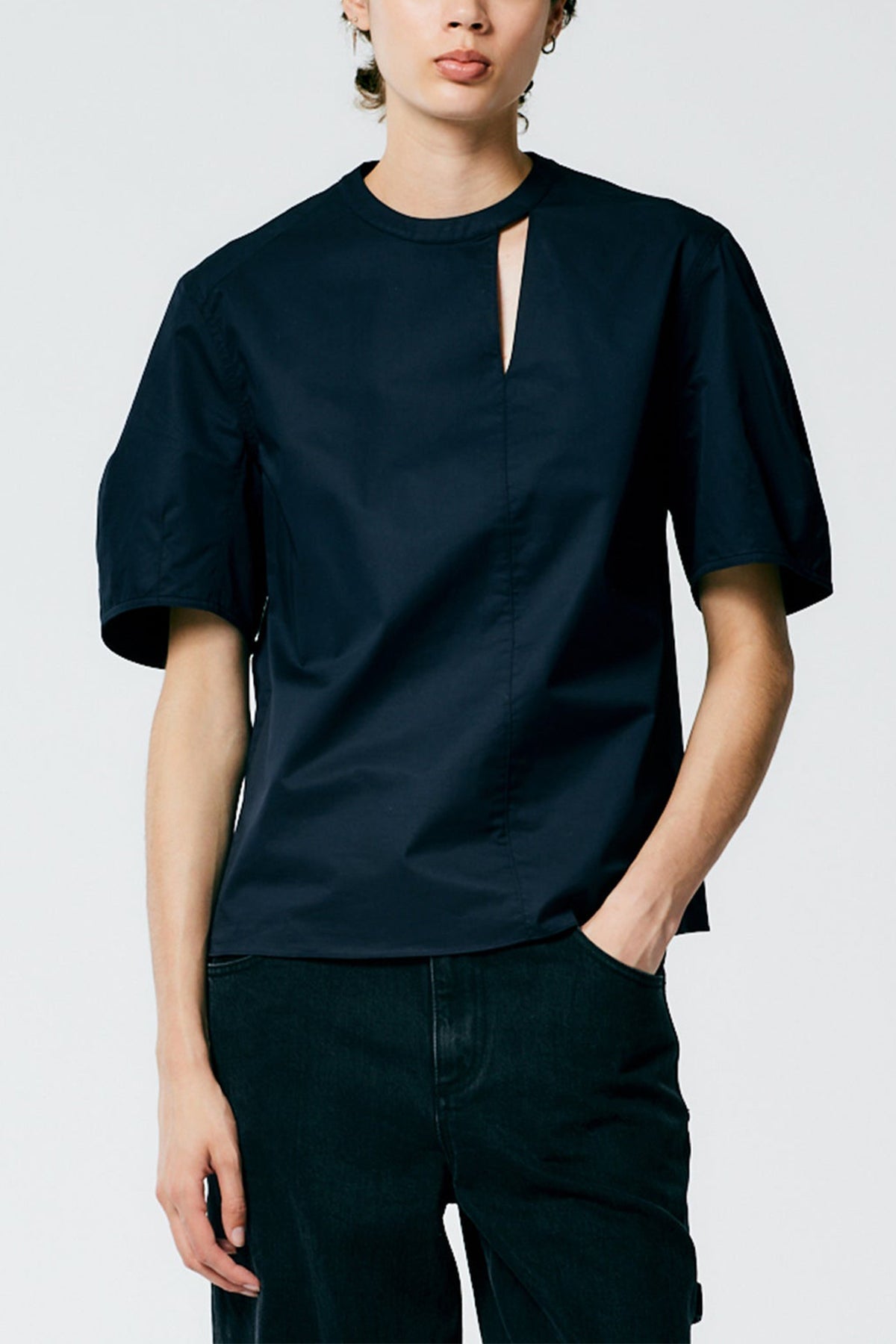 Eco Poplin Sculpted Sleeve Top With Cut Out Detail in Dark Navy