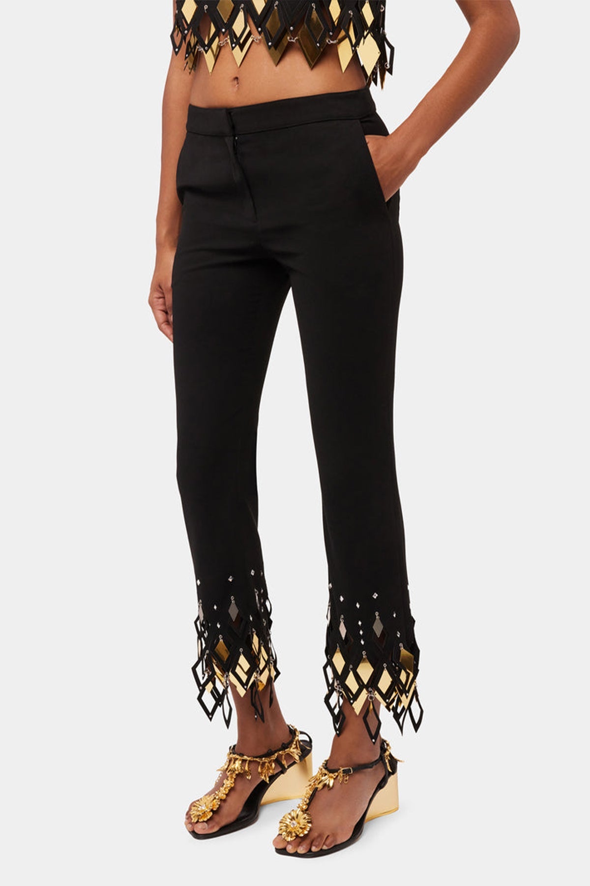 Embellished Cropped Trousers in Black