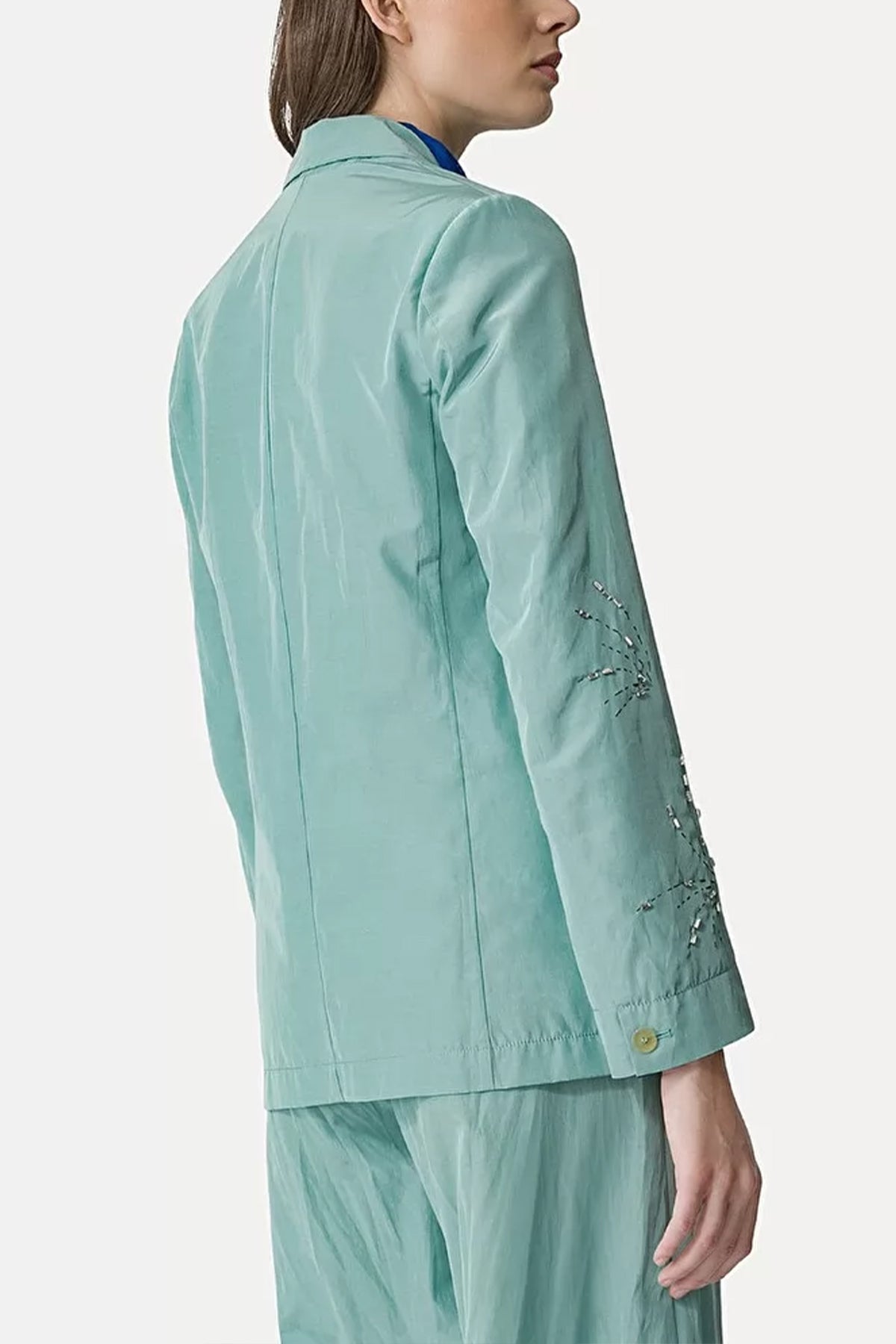 Embroidered Chic Taffetas Boxy Jacket in Aquatic