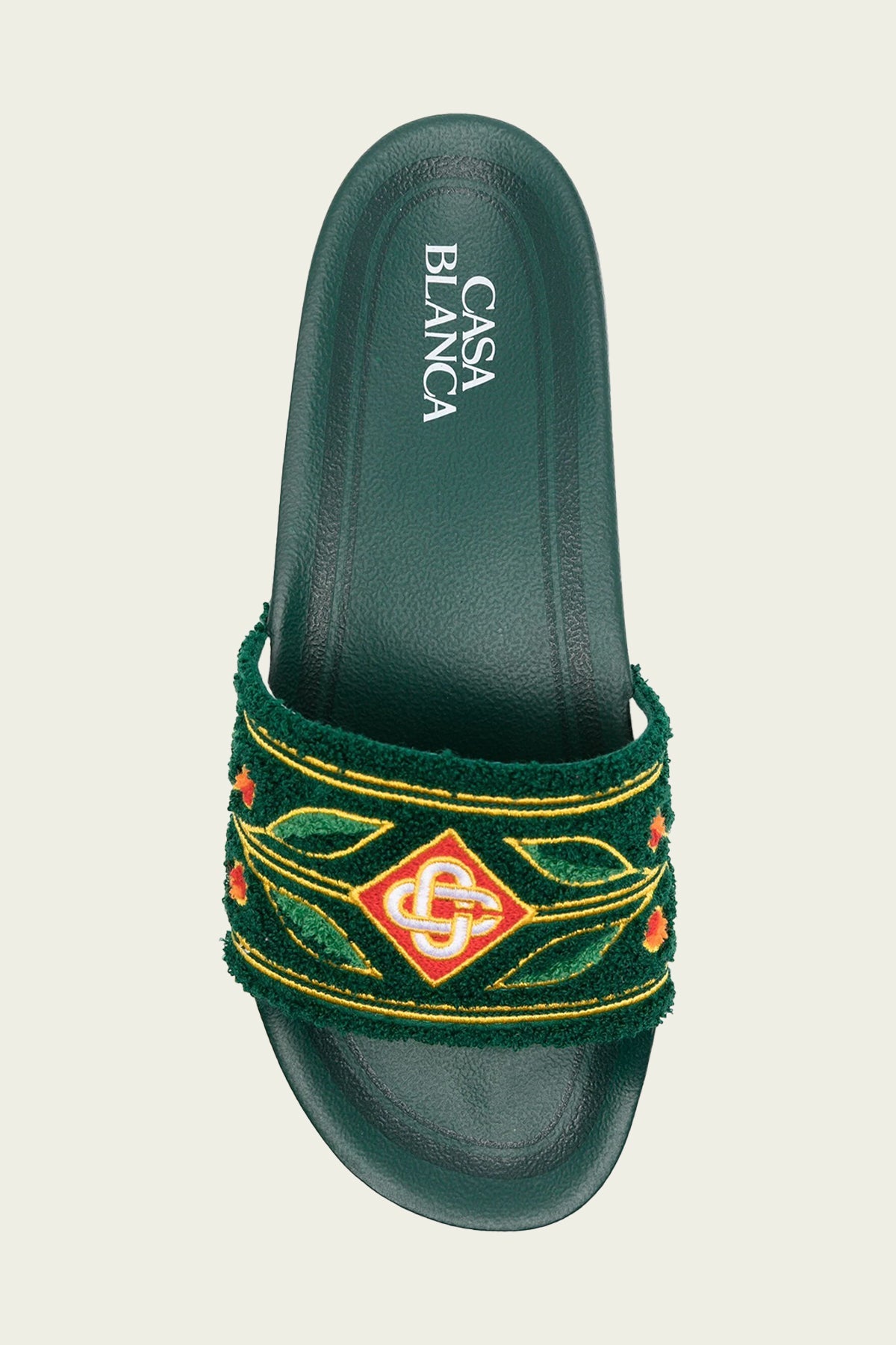 Embroidered Terry-Cloth Slides in Green