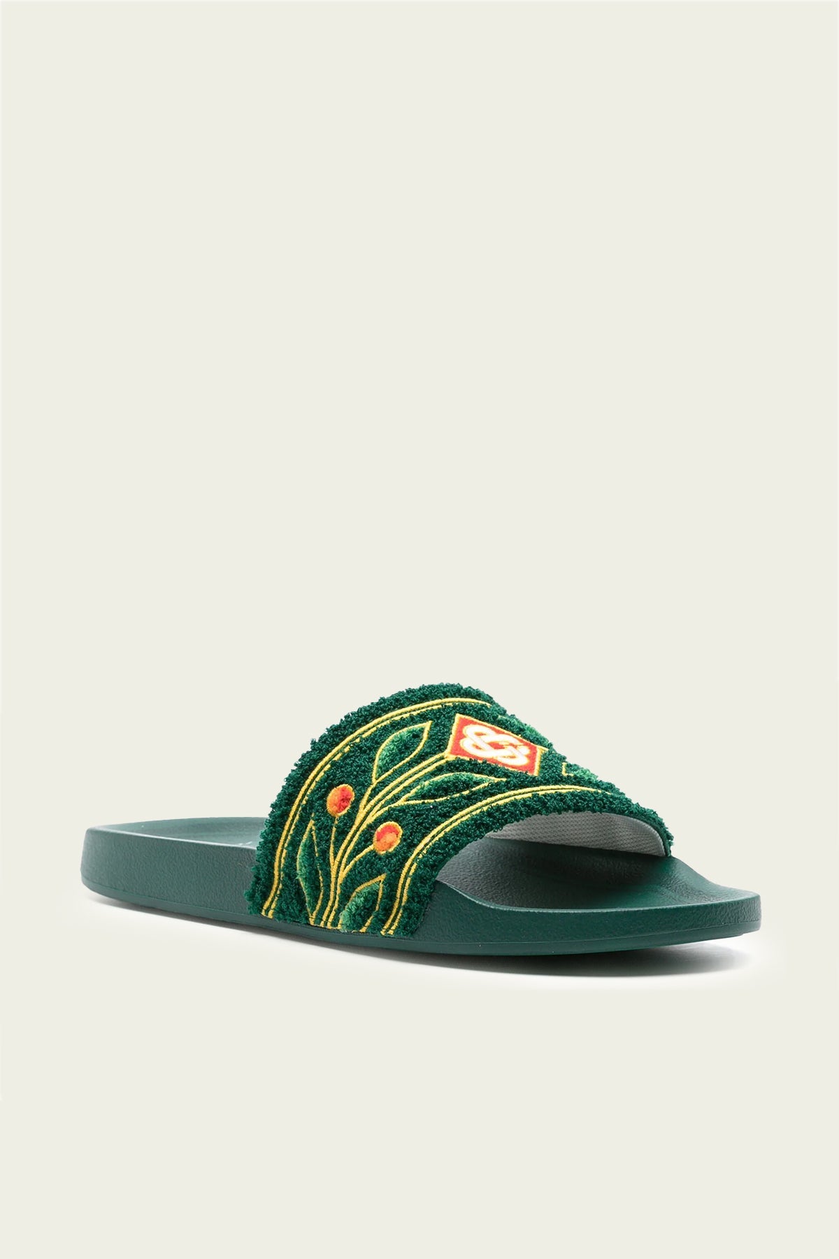 Embroidered Terry-Cloth Slides in Green