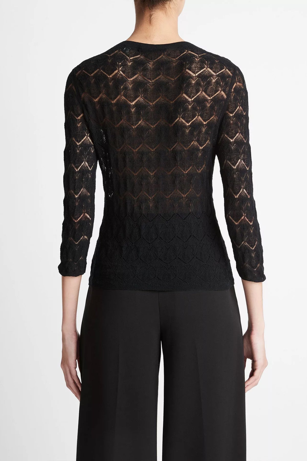 Fine Lace Cotton Three-Quarter-Sleeve Sweater in Black