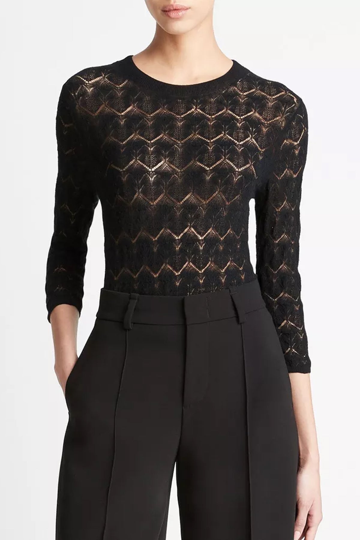 Fine Lace Cotton Three-Quarter-Sleeve Sweater in Black