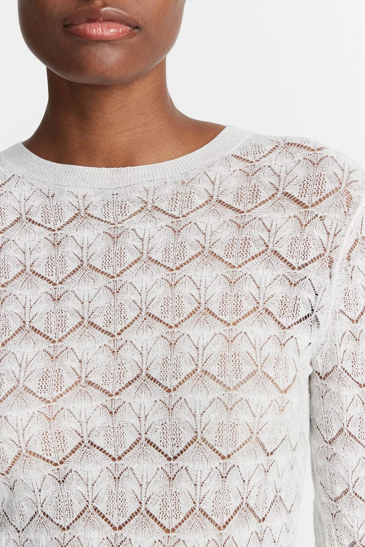 Fine Lace Cotton Three-Quarter-Sleeve Sweater in Optic White