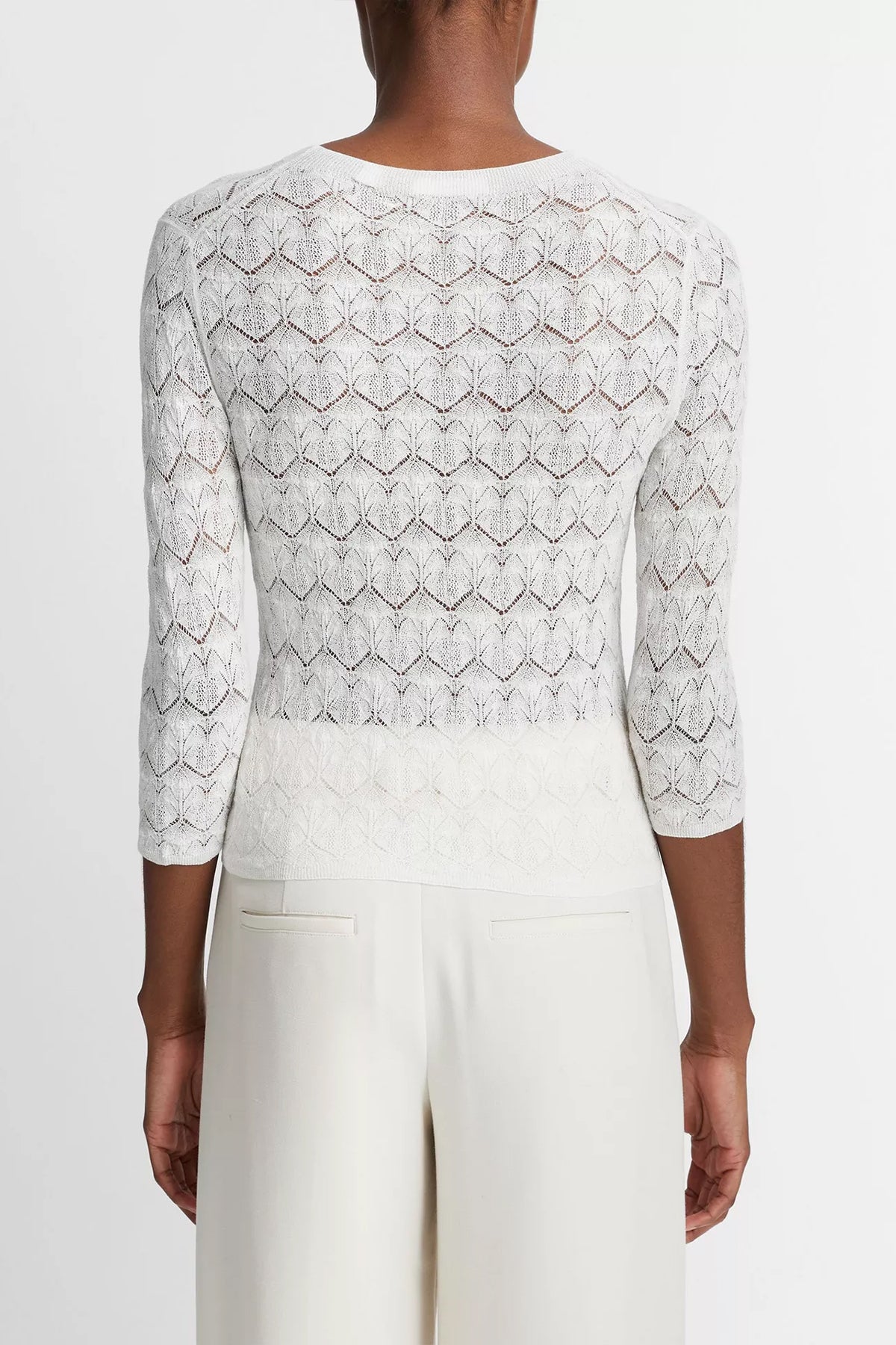 Fine Lace Cotton Three-Quarter-Sleeve Sweater in Optic White