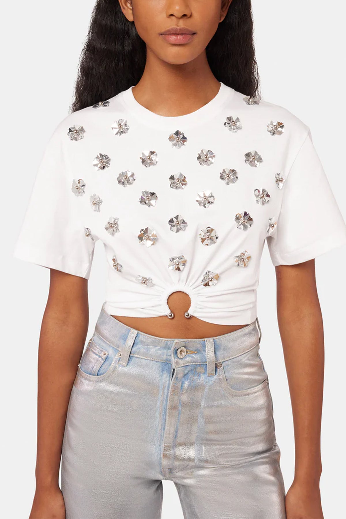 Floral Crop Top in White Silver