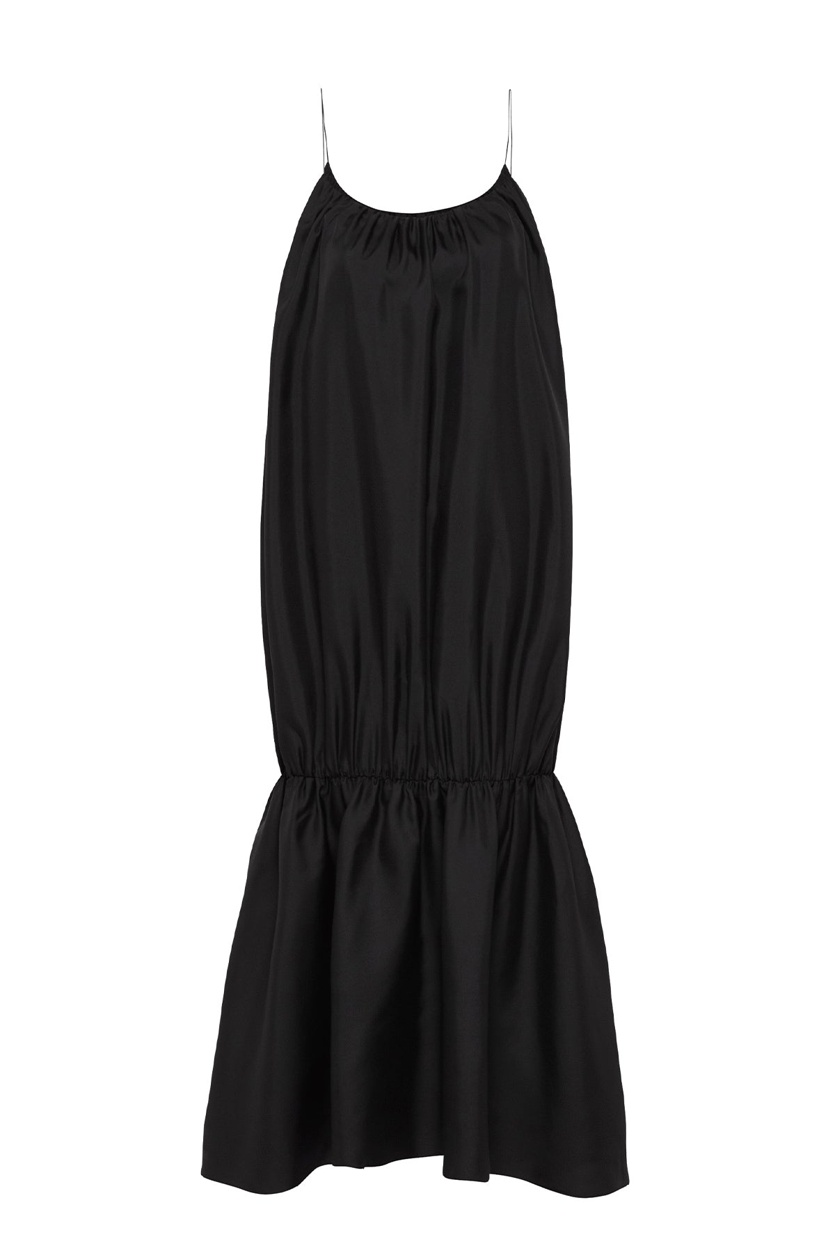 Gathered Strap Silk Dress in Black