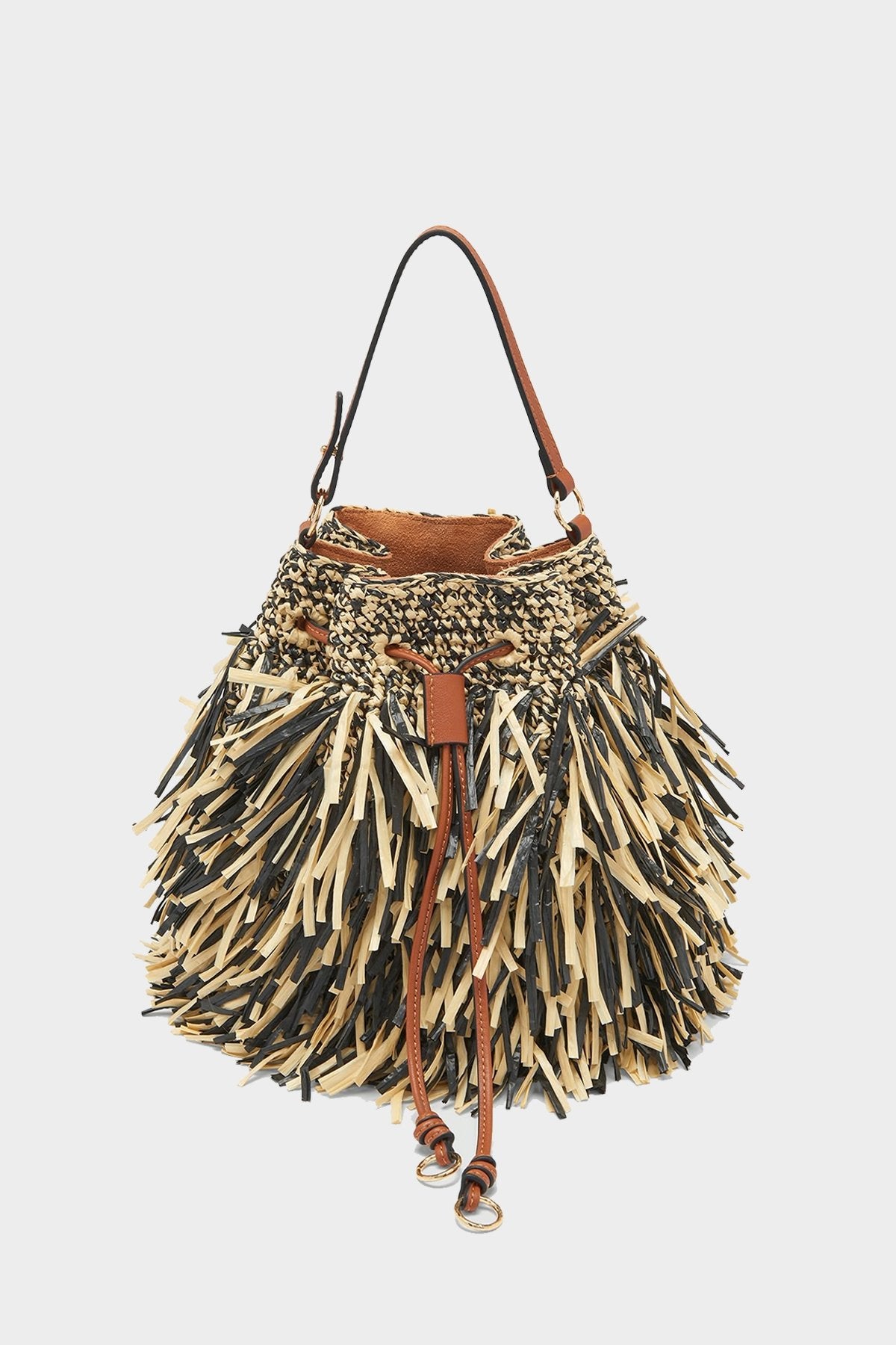 Gigi Fringe Drawstring Bag in Noir Melange