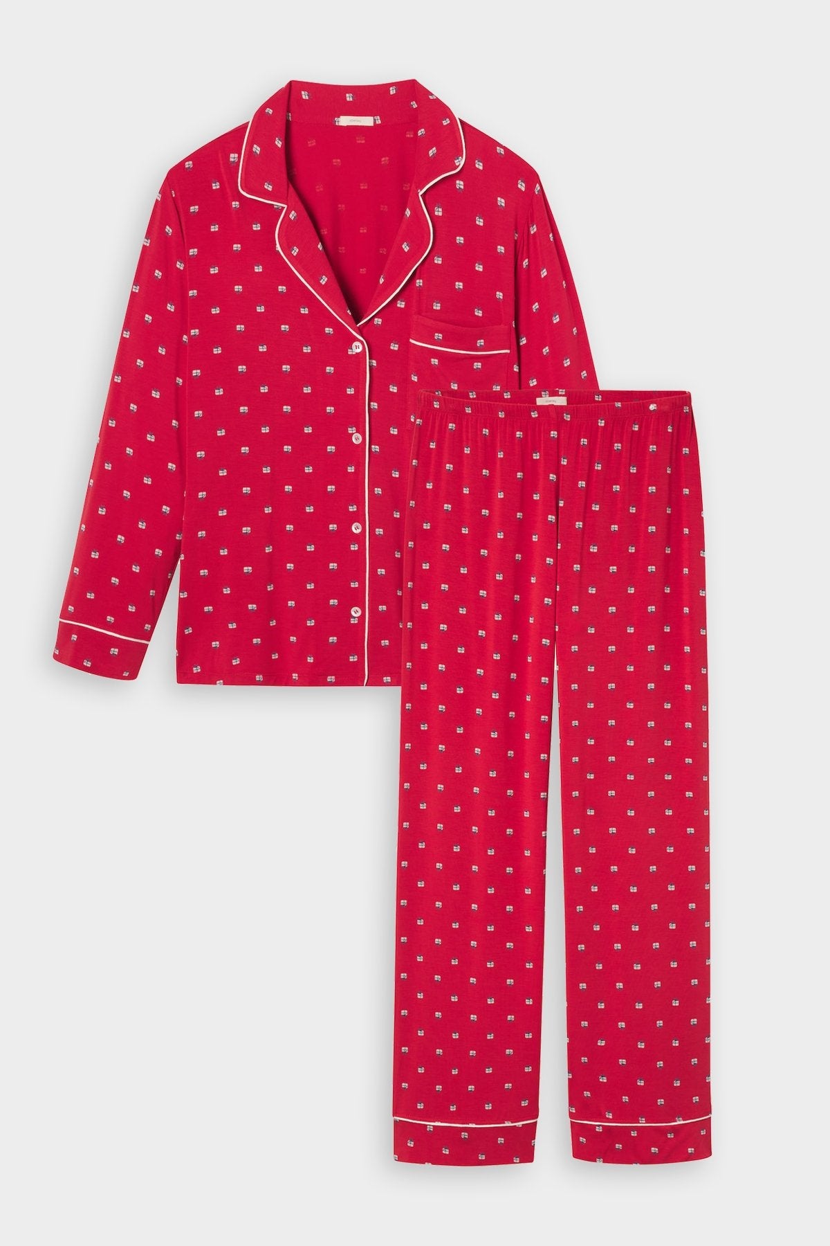 Gisele Printed Long PJ Set with Ribbon in Presents Haute Red/Bone